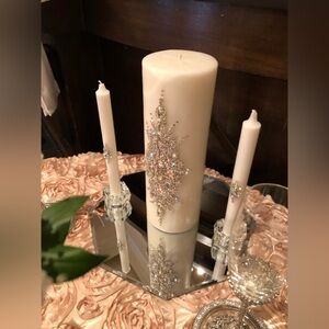 3 Piece Unity Candles for Wedding Ceremony White - Crystals Pillar Taper & Stand